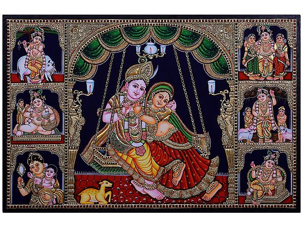 Radha Krishna on Swing | Traditional Colors with 24 Karat Gold | With Frame