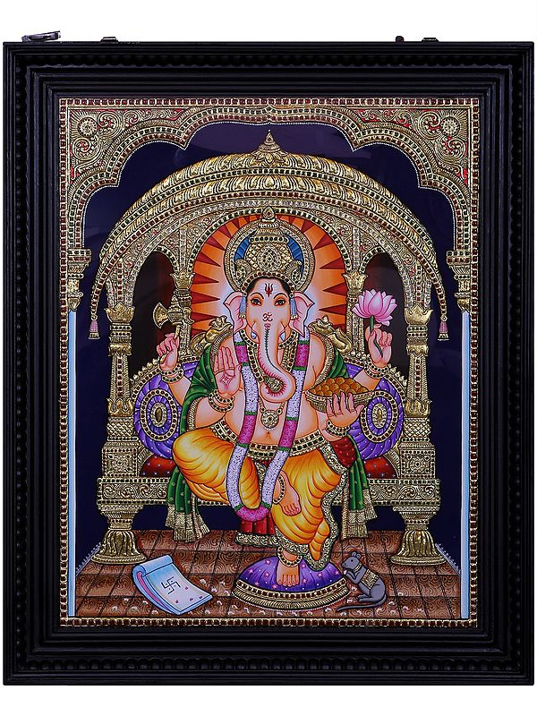 Lord Ganesha Seated on Throne | Traditional Colors with 24 Karat Gold | With Frame