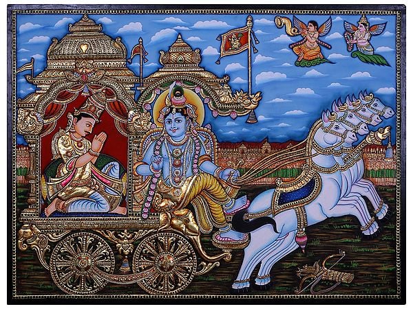Lord Krishna and Arjuna on Chariot During Mahabharata | Traditional Colors with 24 Karat Gold | With Frame