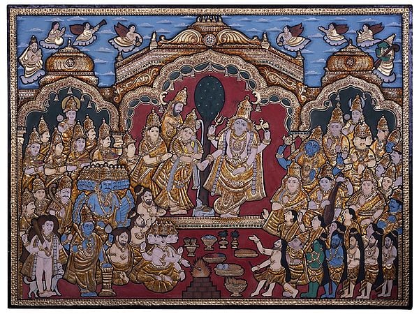 Goddess Meenakshi Kalyanam | Traditional Colors with 24 Karat Gold | With Frame