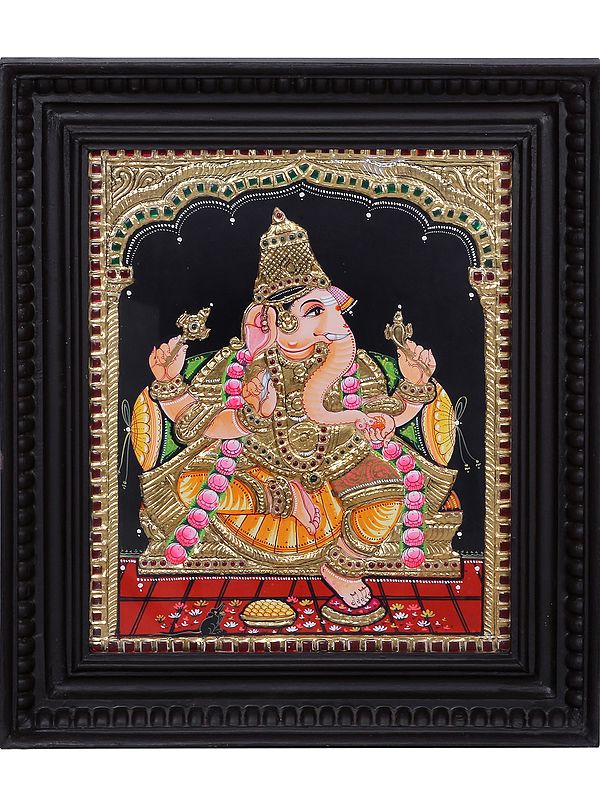 Sitting Lord Ganesha Tanjore Painting | Traditional Colors with 24 Karat Gold | With Frame