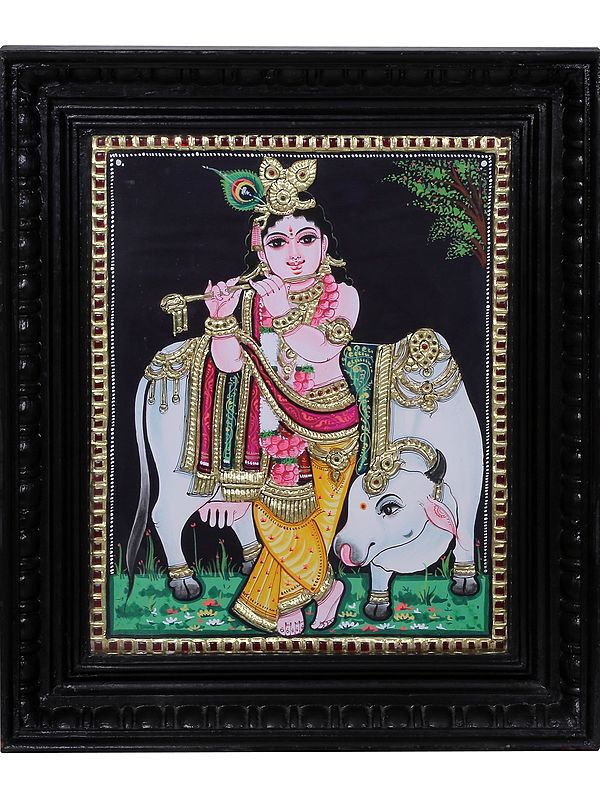 Tanjore Painting of Lord Murli Krishna with Cow | Traditional Colors with 24 Karat Gold | With Frame
