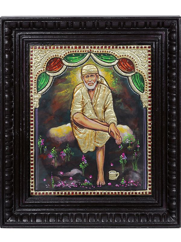 Tanjore Painting Sitting Sai Baba | Traditional Colors with 24 Karat Gold | With Frame