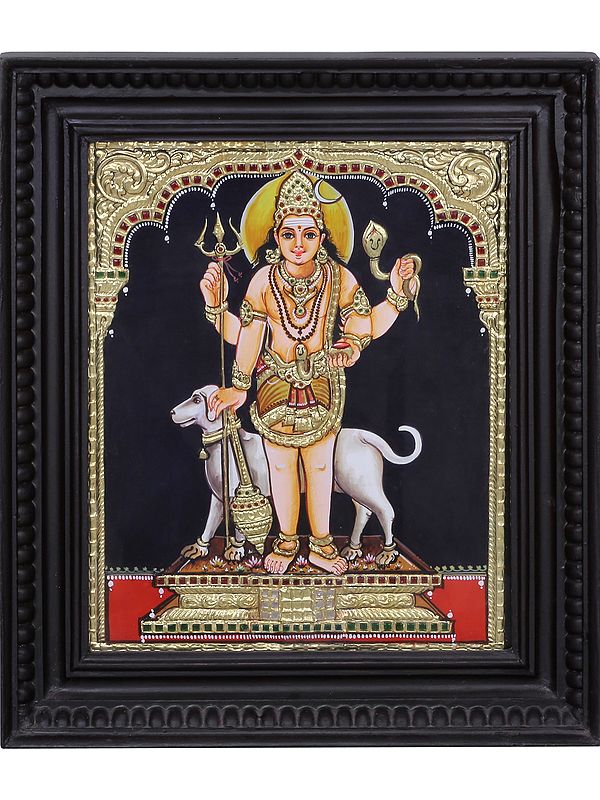 Tanjore Painting of Shiva as Bhairava with Dog | Traditional Colors with 24 Karat Gold | With Frame