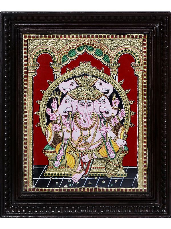 Tanjore Painting of Panchmukhi Ganesha | Traditional Colors with 24 Karat Gold | With Frame