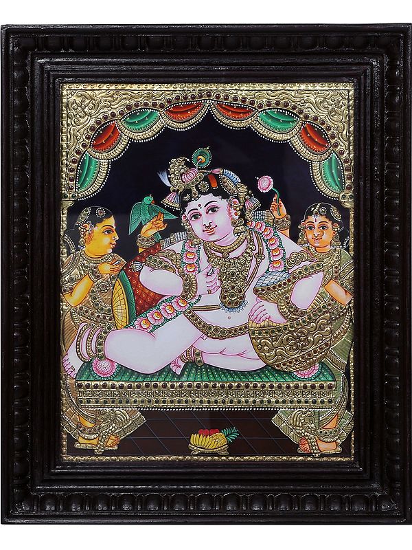 Tanjore Painting of Butter Krishna | Traditional Colors with 24 Karat Gold | With Frame