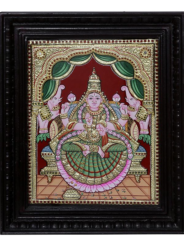 Goddess Gajalakshmi Tanjore Painting | Traditional Colors with 24 Karat Gold | With Frame