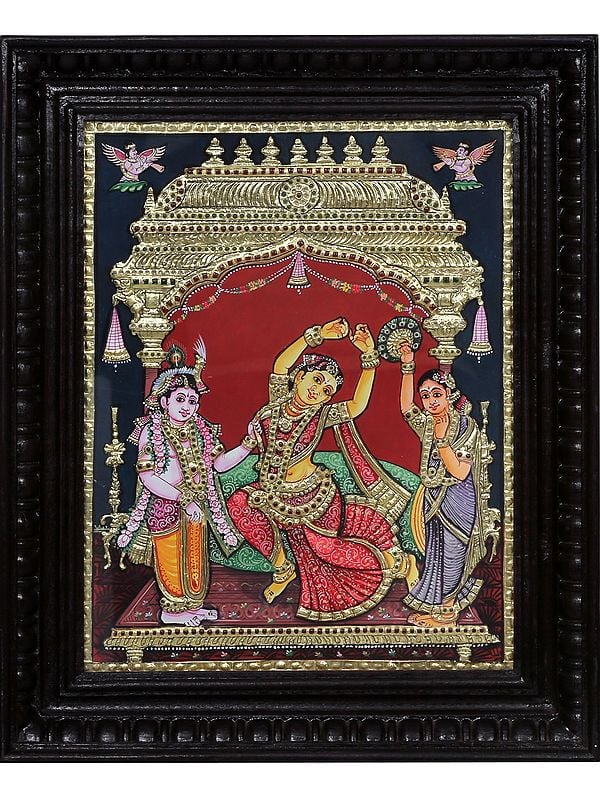 Dancing Radha Krishna l Traditional Colors with 24 Karat Gold l With Frame