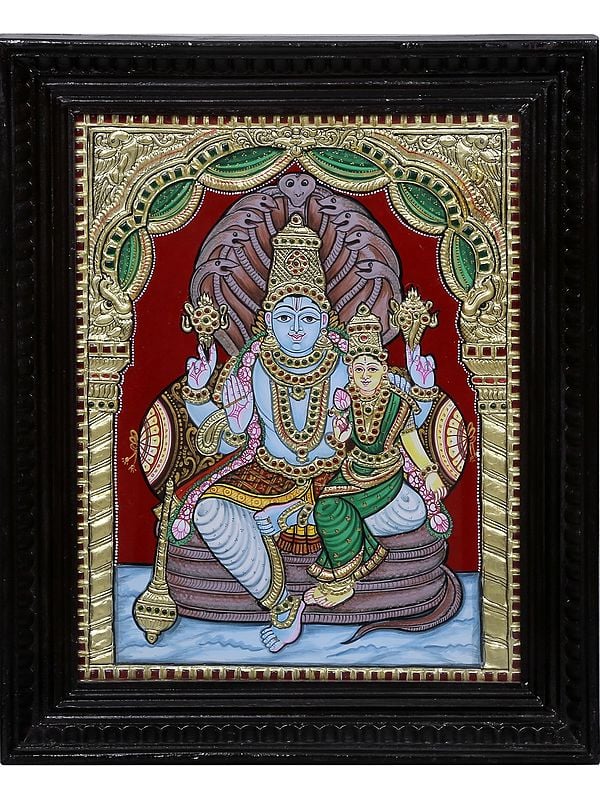 Shri Hari Narayan Devi Lakshmi Tanjore Painting | Traditional Colors with 24 Karat Gold | With Frame