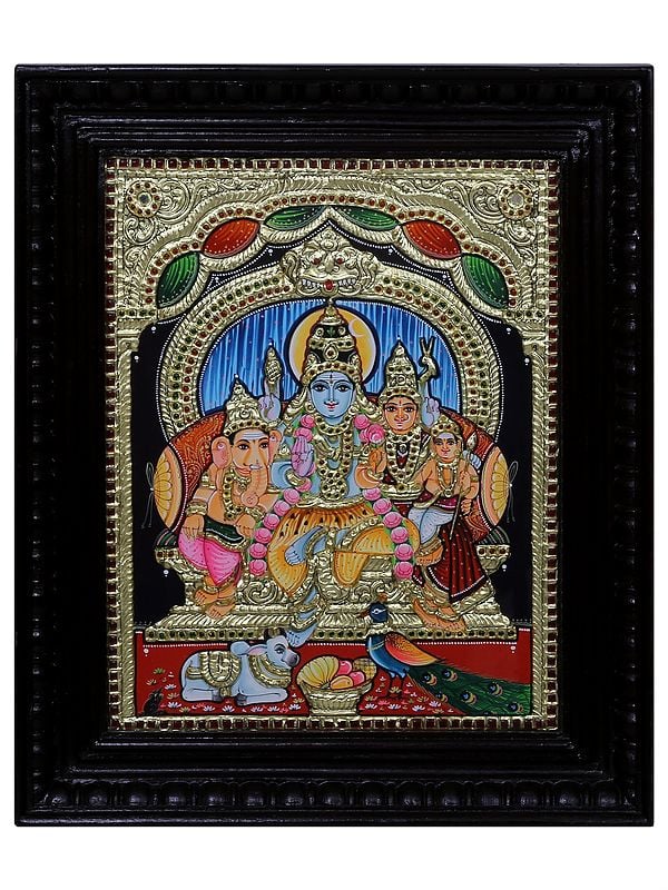 Lord Shiva Family- Shiva Parvati Kartikeya & Ganesha l Traditional Colors with 24 Karat Gold l With Frame