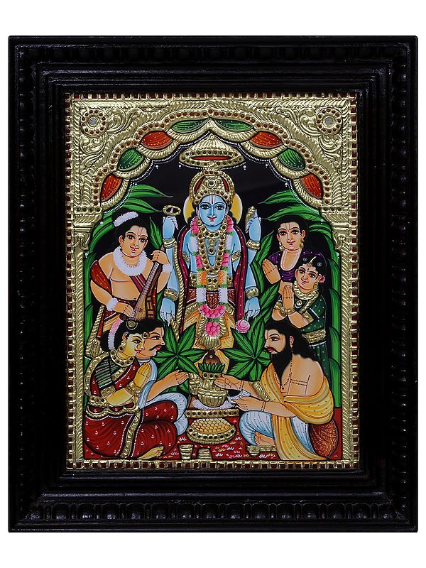 Tanjore Painting of Satya Narayan Katha | Traditional Colors with 24 Karat Gold | With Frame