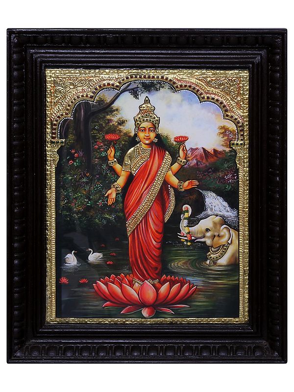 Tanjore Painting of Standing Goddess Lakshmi | Traditional Colors with 24 Karat Gold | With Frame