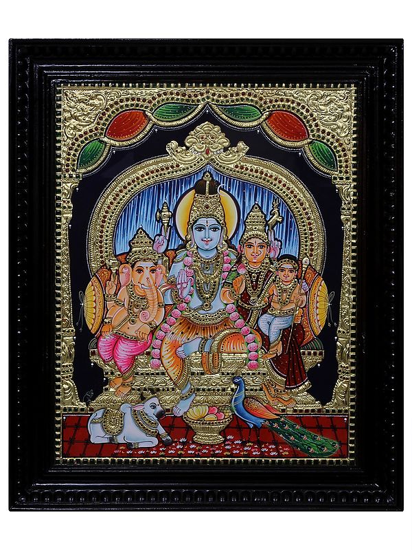 Tanjore Painting of Lord Shiva Family | Traditional Colors with 24 Karat Gold | With Frame