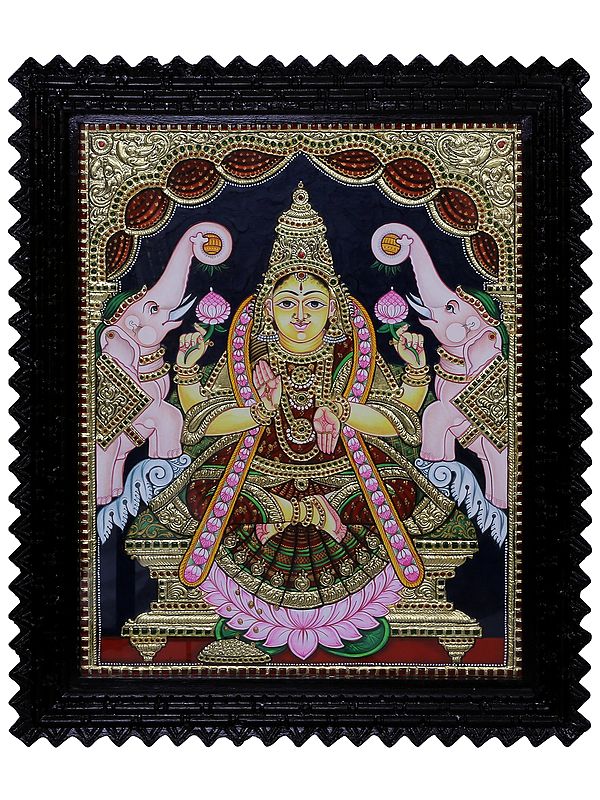 Tanjore Painting of Goddess Gajalakshmi | Traditional Colors with 24 Karat Gold | With Frame