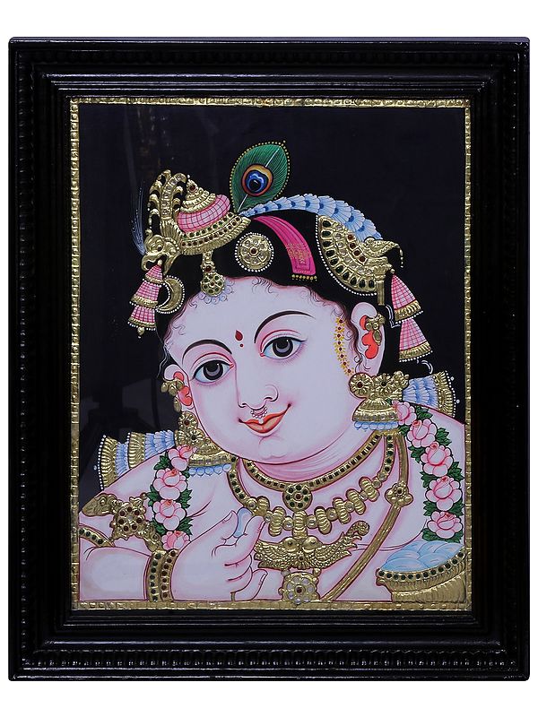 Tanjore Painting of Shree Krishna Face | Traditional Colors with 24 Karat Gold | With Frame