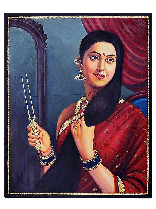 Lady Combing Her Hair ( Inspired by Raja Ravi Verma Paintings) | With Frame