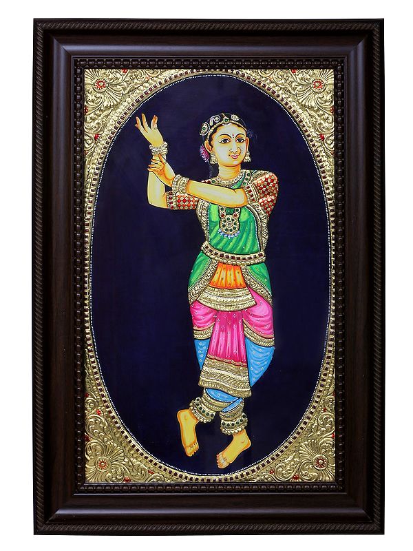 Bharatanatyam Dancing Lady Tanjore Painting | Traditional Colors with 24-Karat Gold | With Frame