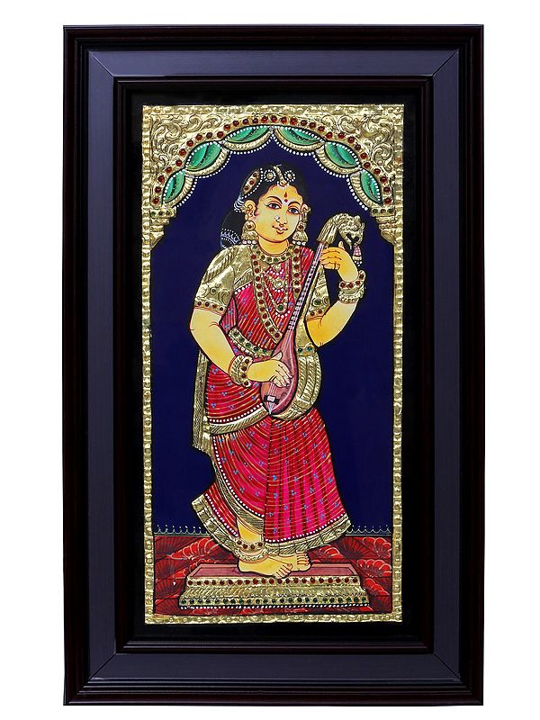 Standing Lady with Veena | Traditional Colors with 24 Karat Gold | With Frame