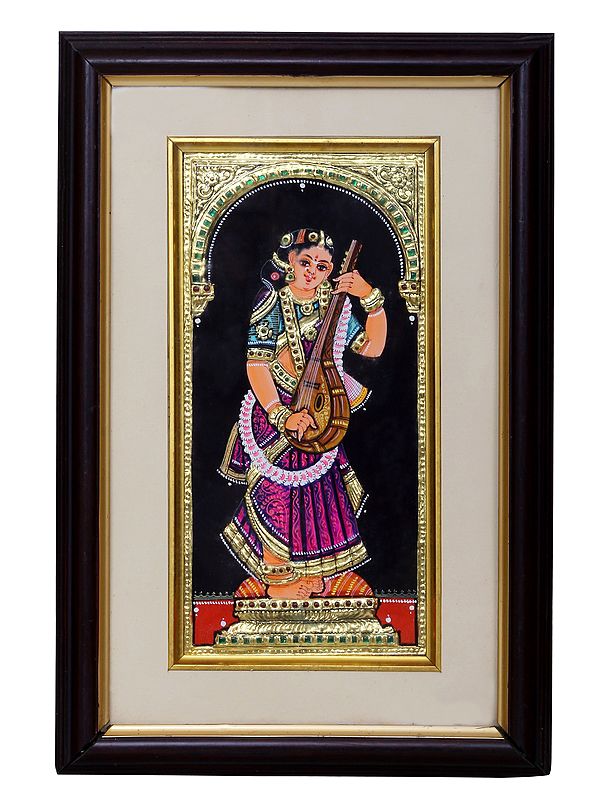 Tanjore Painting of Lady with Veena | Traditional Colors with 24 Karat Gold | With Frame