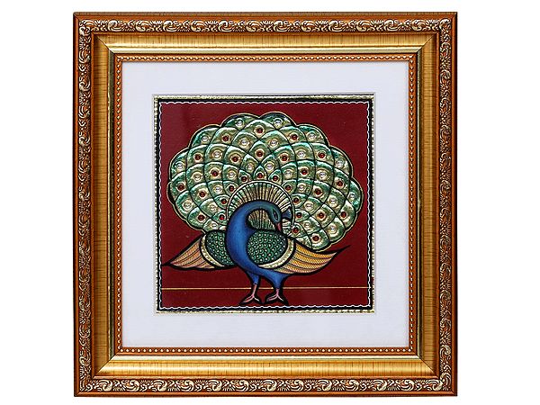 Peacock with Long Tail Tanjore Art with Gold Foil Work | With Frame