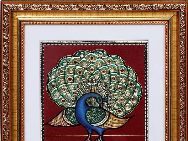 Peacock with Long Tail | Tanjore Art with Gold Foil Work | With Frame ...