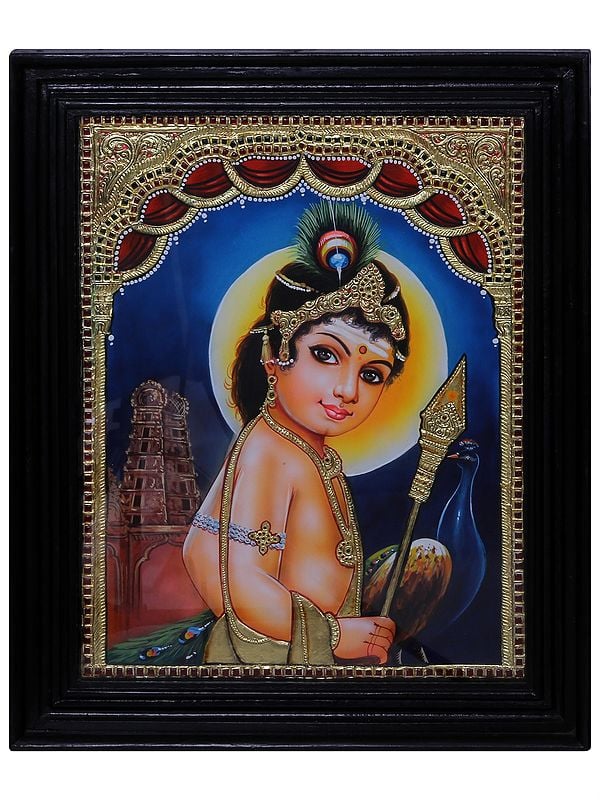 Lord Bala Murugan (Kartikeya) Tanjore Painting|Traditional Colour With 24 Karat Gold|With Frame