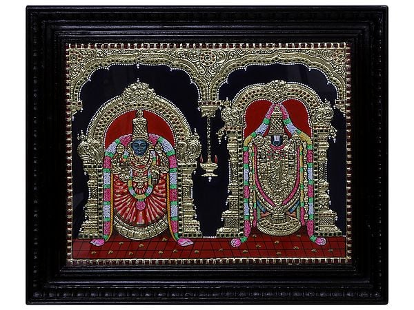 Tirupati Balaji With Padmavathi Thayar Tanjore Painting|Traditional Colour With 24 Karat Gold|With Frame