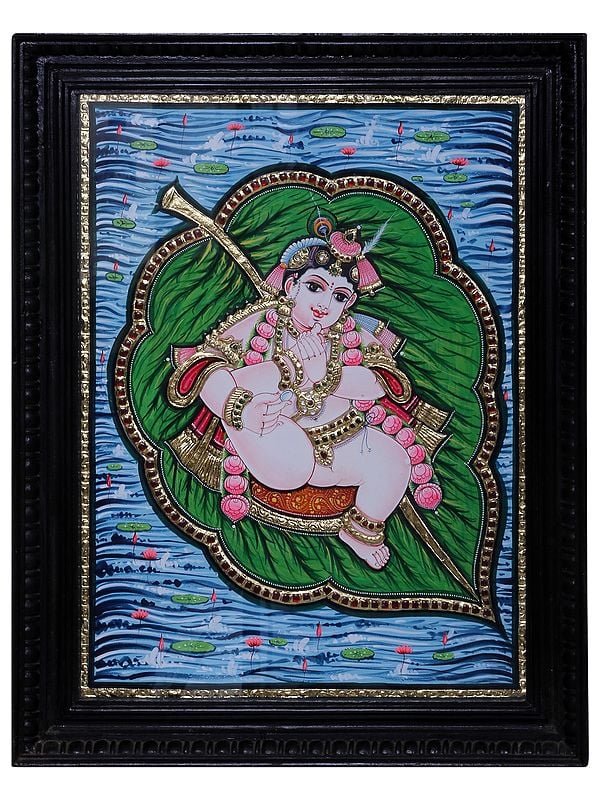 Tanjore Painting of Lord Bala Krishna (Vithoba) on Leaf | Traditional Colour With 24 Karat Gold | With Frame