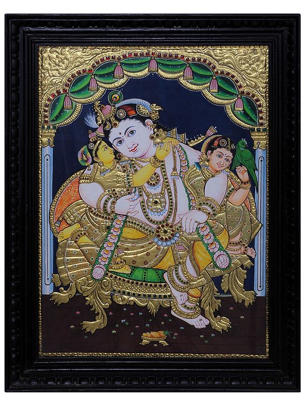 Lord Krishna with Gopis Tanjore Painting | Traditional Colour With 24 Karat Gold | With Frame