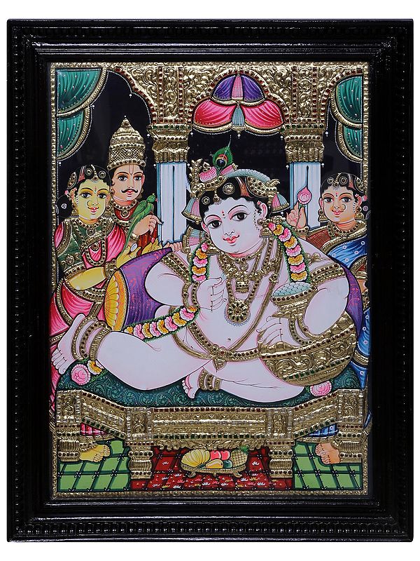 Lord Butter Krishna Tanjore Painting|Traditional Colour With 24 Karat Gold|With Frame