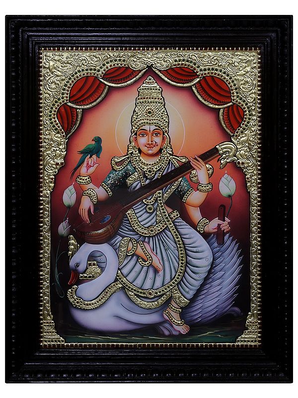 Goddess Of Knowledge Saraswati Tanjore Painting|Traditional Colour With 24 Karat Gold|With Frame