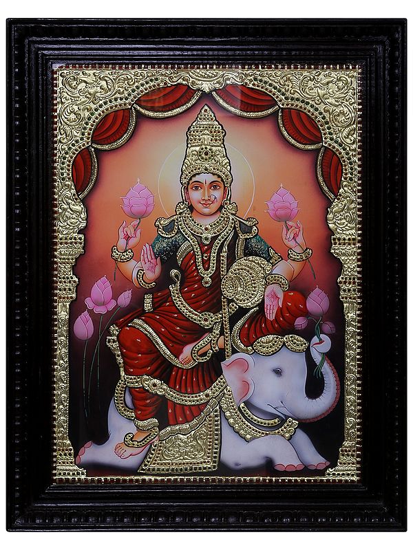 Goddess Gajalakhsmi Seated On Elephant Tanjore Painting|Traditional Colour With 24 Karat Gold|With Frame