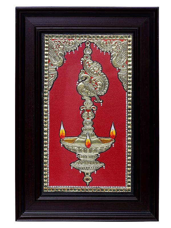 Traditional Peacock Kuthu Vilakku Tanjore Painting|Traditional Colour With 24 Karat Gold|With Frame