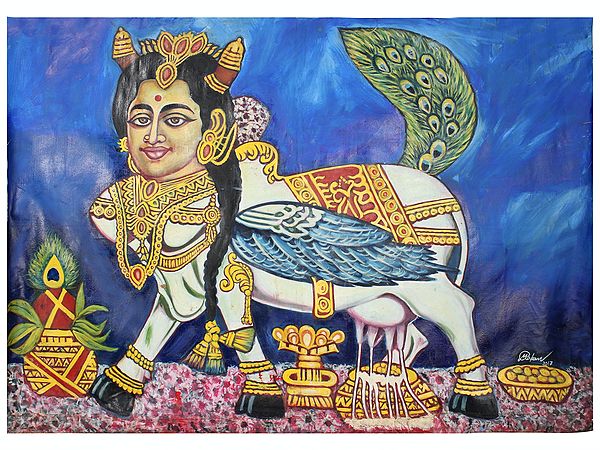 58" Kamadhenu - Wish Fulfilling Cow | Water Color on Canvas