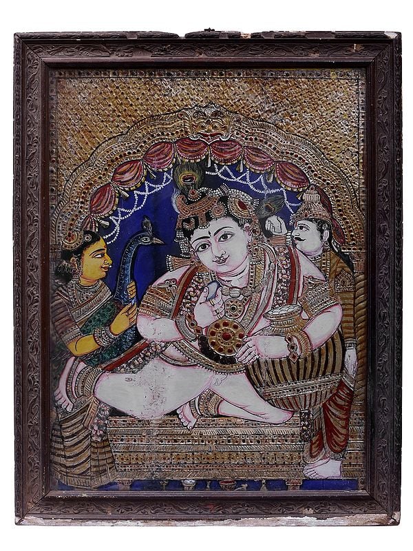28" Lord Krishna Tanjore Painting with Vintage Frame| Traditional Colors with 24 Karat Gold | With Frame