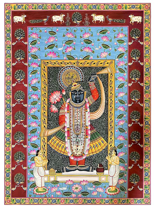 Hindu God Shrinathji In Patterned Background | Pichwai Art
