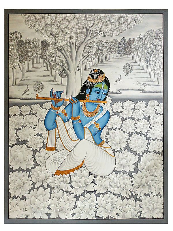 God Krishna Playing Flute In Faded Background | Pichwai Art