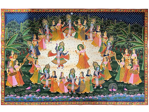 Hindu God Krishna Dancing With Villagers | Pichwai Art