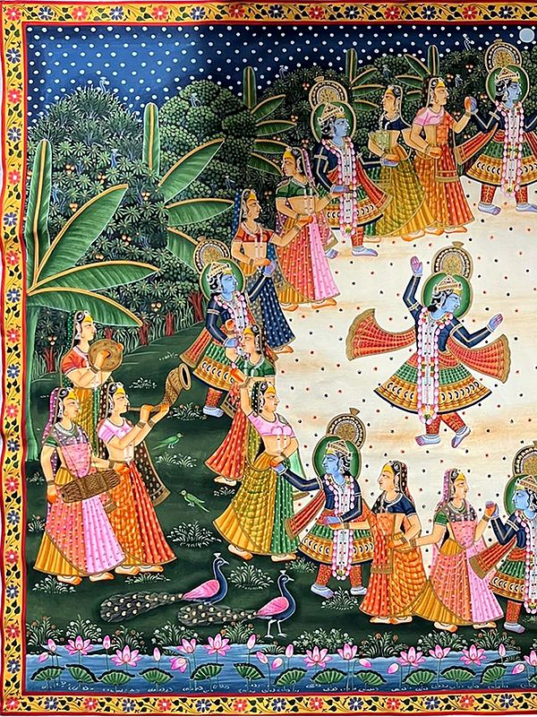 Hindu God Krishna Dancing With Villagers |Pichwai Art | Exotic India Art