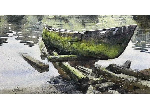 Broken Boat On Sea Shore | Watercolor On Paper