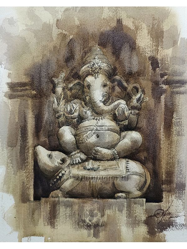 Hindu God Ganesha On Mushak | Watercolor On Paper