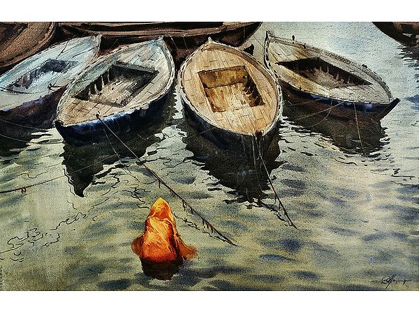 The Woman In Front of Boat Painting | Watercolor on Paper