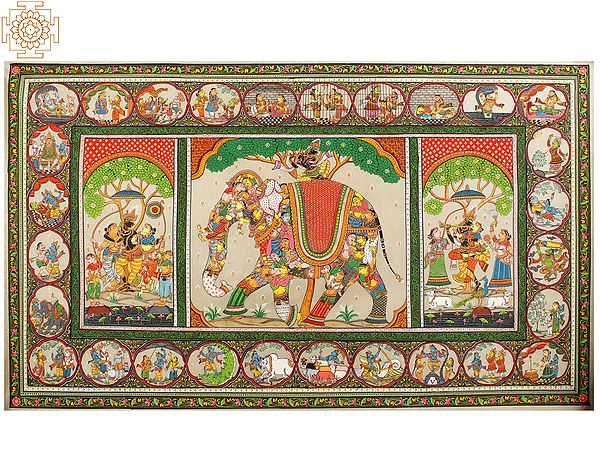 Lord Krishna on Elephant Patachitra Painting on Tussar Silk