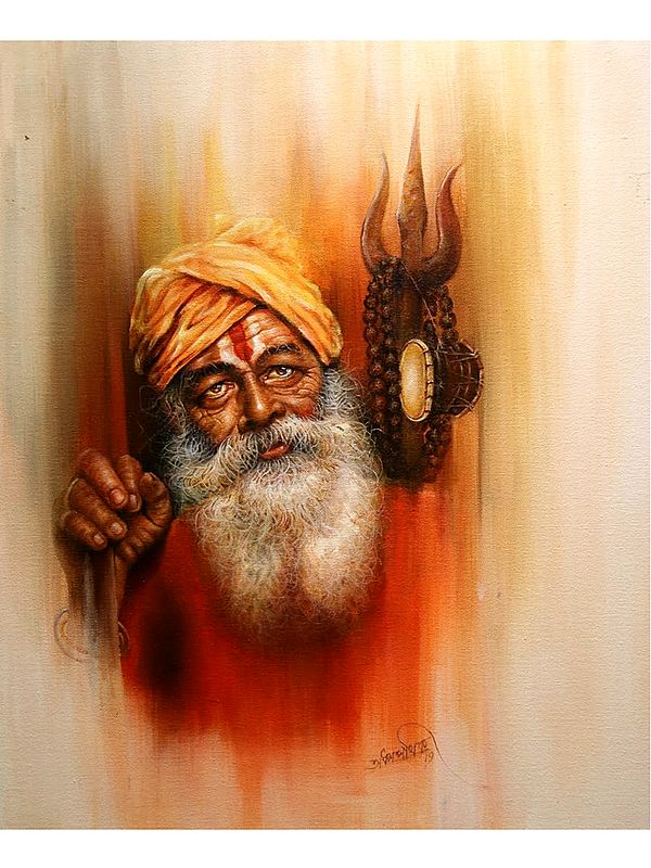 Hindu Sadhu With Trident | Acrylic on Canvas | Painting By Jugal Sarkar