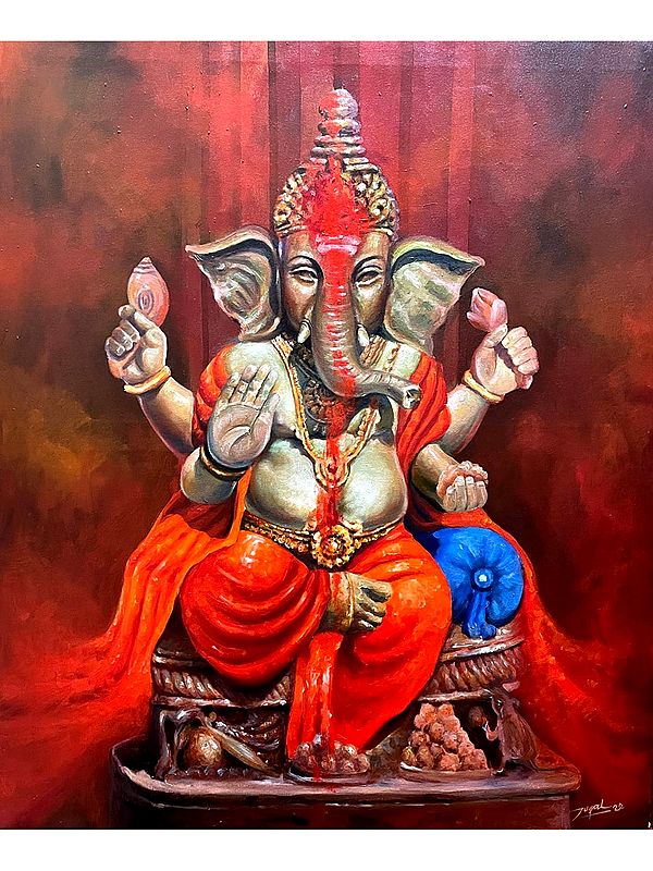 Lord Ganesha With Red Colours | Acrylic on Canvas | Painting By Jugal Sarkar