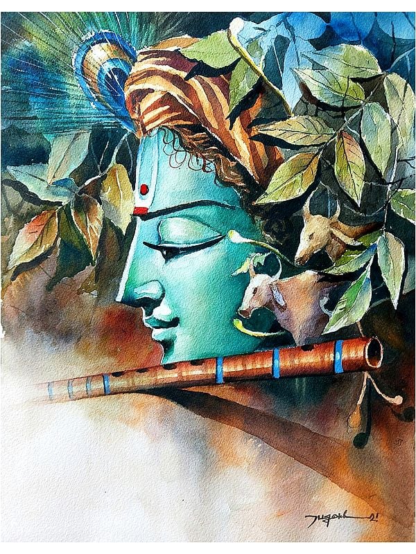 Shri Krishna Playing Flute | Water Color | Painting By Jugal Sarkar