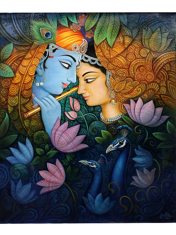 Radha Krishna With Peacock Around Flowers | Oil On Canvas