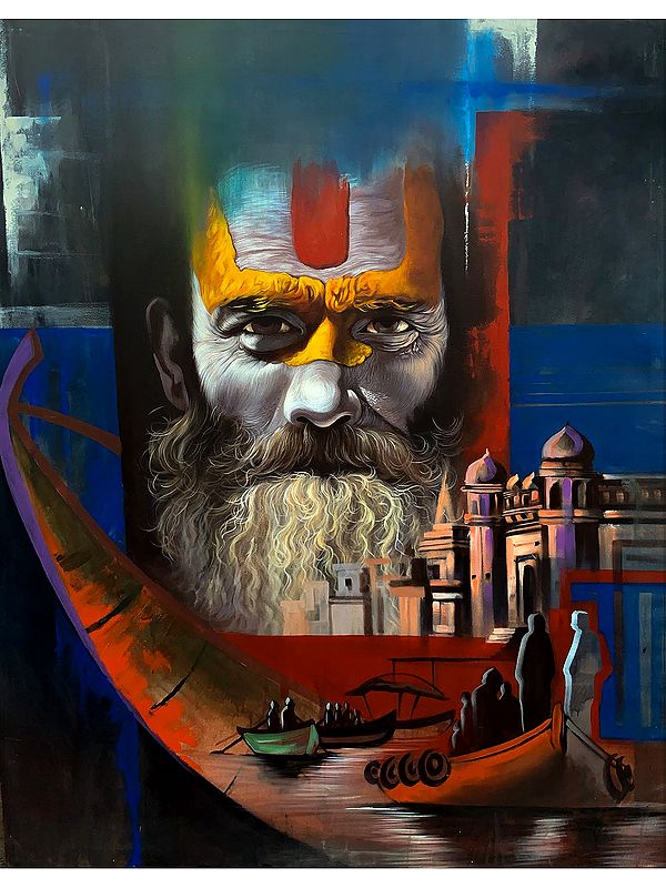 Sadhu with Tilak and Banaras Ghat | Painting by MK Goyal