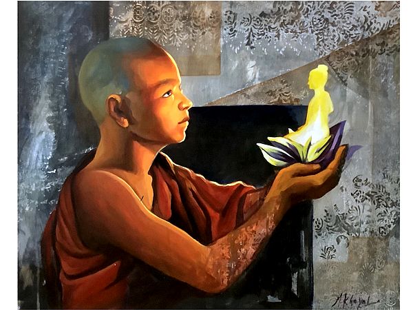 Monk Worship Buddha | MK Goyal | Mix Media on Canvas