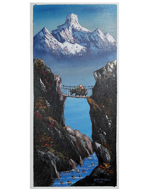 Mount Ama Dablam Yak Crossing Pull Painting | Oil On Canvas